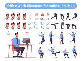 Businessman front view animated flat vector character design. Office worker character animation creation cartoon set. Manager constructor with various face emotion, body poses, hand gestures, legs kit