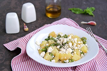 Potato Salad with Green Asparagus Beans and Feta Cheese. Harvest potatoes. Thanksgiving concept. American cuisine.