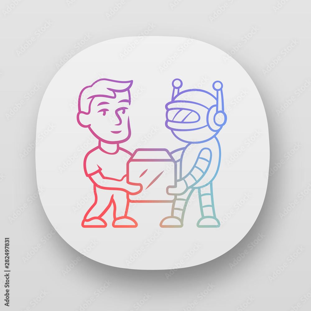 Poster transactional bot app icon. artificial intelligence. partner bot. man and robot holding box. robotic