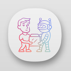 Transactional bot app icon. Artificial intelligence. Partner bot. Man and robot holding box. Robotic delivery service. UI/UX user interface. Web or mobile applications. Vector isolated illustrations