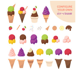 Cartoon Color Ice Cream Constructor Icon Set. Vector
