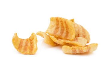 Fried wheat-potato snack with smoked bacon flavor isolated on white background