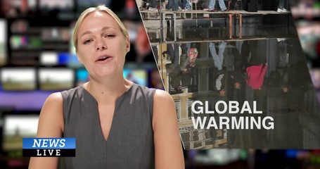 Female News presenter reading the evening news about global warming