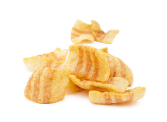 Fried wheat-potato snack with smoked bacon flavor isolated on white background