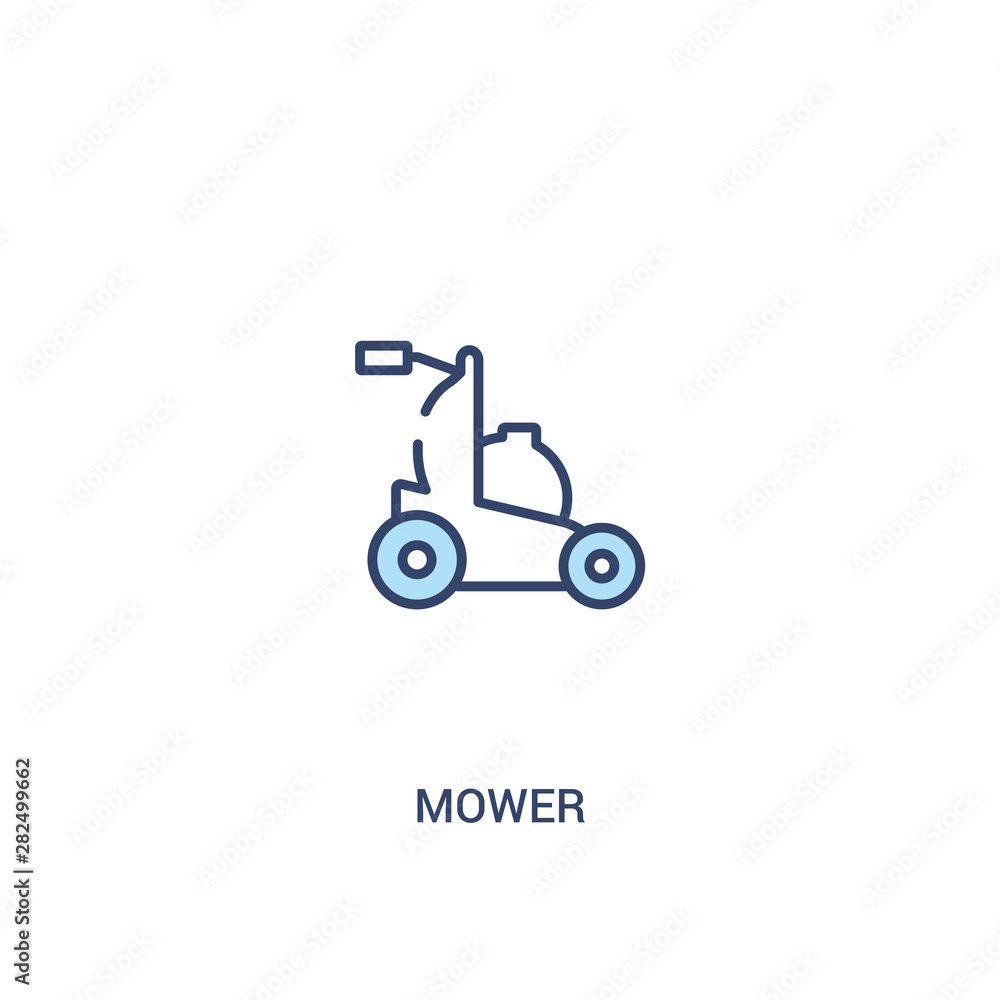 Poster mower concept 2 colored icon. simple line element illustration. outline blue mower symbol. can be us