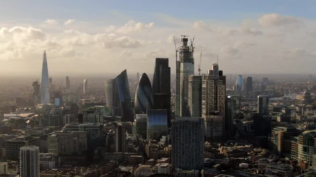 Aerial: Dramatic Skyscrapers in London Cityscape, United Kingdom