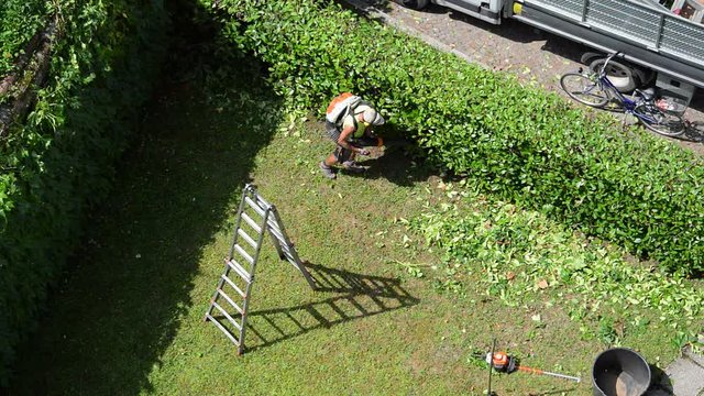 Gardening works. Gardener at the end of the cutting work cleans the lawn with a blower.