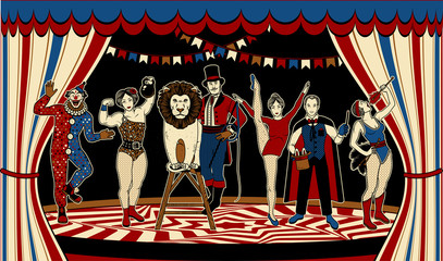 Circus Vintage Collection. The Lion Tamer, The Clown, The Circus Strong Woman, The Circus Magician, The Circus Fire Eater, The Gymnast Girl. Vector illustration. © moloko88