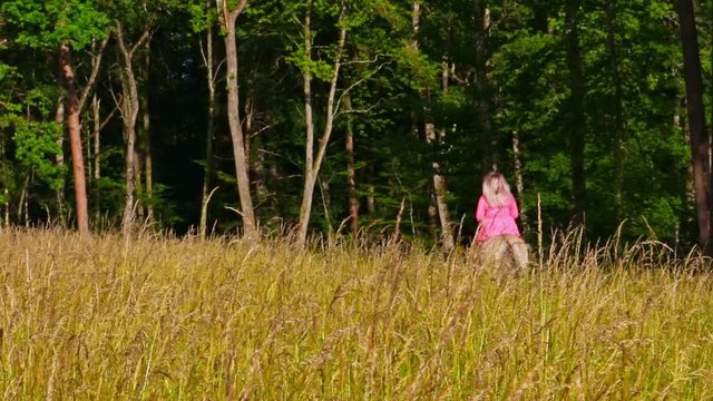 junge blonde Frau im roten Sommerkleid reitet auf Pferd neben einem Feld am Waldrand entlang bei sch&ouml;nem Wetter