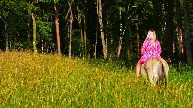 junge blonde Frau im roten Sommerkleid reitet auf Pferd neben einem Feld am Waldrand entlang bei sch&ouml;nem Wetter