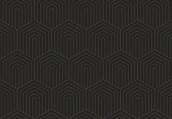 Seamless pattern Dark gold texture. Repeating geometric background of scales. Striped hexagonal mesh. Linear Graphic Design - 282501079