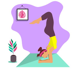 Young slim girl,woman doing sport,yoga,fitness,gymnastics,stretching in the trendy color interior room. Vector flat illustration. Graceful, elegant,advanced balance pose, position.