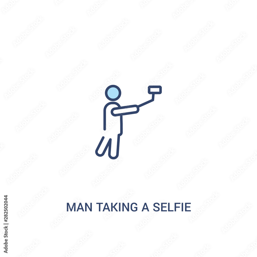 Poster man taking a selfie concept 2 colored icon. simple line element illustration. outline blue man takin