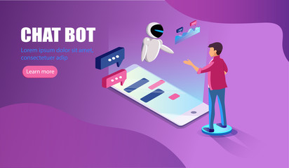 Isometric artificial intelligence. Chat bot and future marketing. Ai and business IOT concept. Man chatting with chat bot application. Dialog help service. Vector illustration 