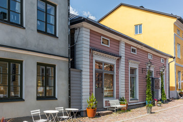 Cobbled streets and colorfully painted old wooden houses in Porvoo in Finland in a summer evening - 25
