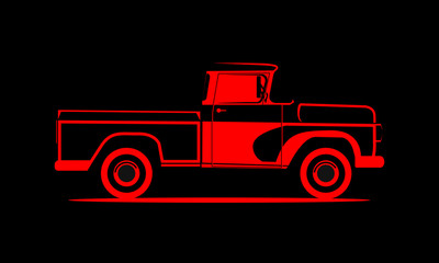 Schematic image pickup truck on a black background. Classic truck. Isolated vector illustration.