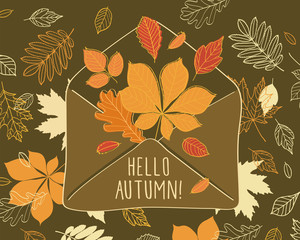 Hello autumn letter. Vintage postcard with hand drawn autumn leaves. Dark green background. Vector illustration.
