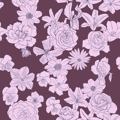 vector seamless pattern with drawing flowers