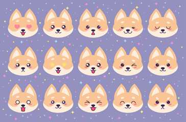Colorful vector set of cute akita emoticons. Collection isolated funny muzzle dog with different emotion in cartoon style.