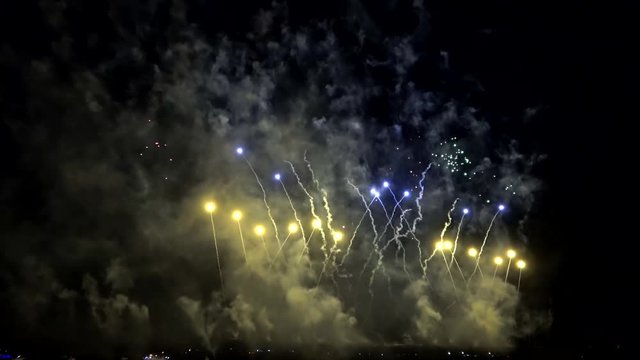 Fireworks in Colombinas feast in Huelva, Andalusia, Spain. Conmemorates the departure of the first voyage of Christopher Columbus in 1492 when reached the New World