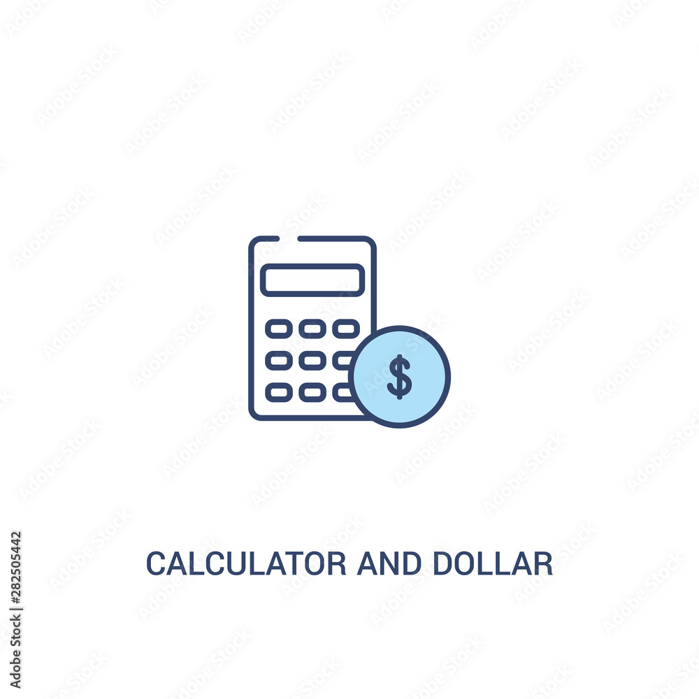 Poster calculator and dollar concept 2 colored icon. simple line element illustration. outline blue calcula