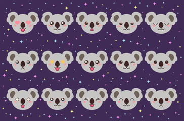 Colorful vector set of small cute koala emoticons. Collection isolated funny muzzle bear neat with different emotion in cartoon style. © Nadya
