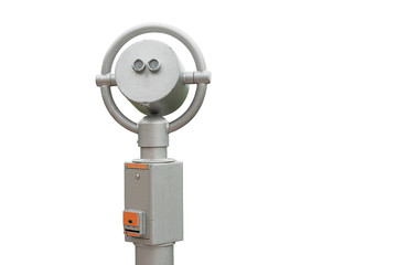 Fototapeta premium Binoculars for exploring the city close-up. Silver color telescope on a white background, isolated.