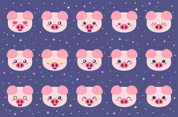 Colorful vector set of small cute pig emoticons. Collection isolated funny muzzle piggy with different emotion in cartoon style.
