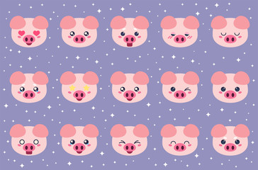 Colorful vector set of small cute pig emoticons. Collection isolated funny muzzle piggy with different emotion in cartoon style.