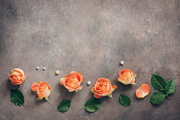 A border of coral roses heads decorated with pearls on a dark textured background. Beautiful flower composition, greeting card. Flat lay, top view, copy space.