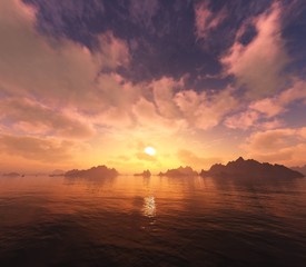Sunset over the sea. Ocean sunset. The sun over the sea. Clouds over the water. Seascape,