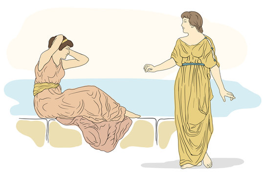 Two ancient Greek women are talking. Vector image isolated on white background.