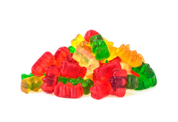 Pile of multicolored jelly bears candy on a white background. Jelly Bean.