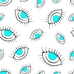 Eye seamless pattern. Vector hand drawn wink, open, eyes with lash background, isolated on white backgraund