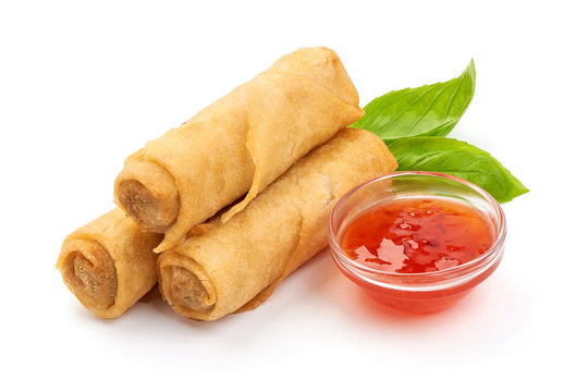 Spring rolls with sweet chili sauce, Chinese cuisine, isolated on white background