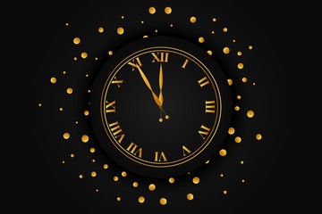 Clock dial with golden confetti. Happy new year text.