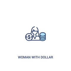 woman with dollar circle concept 2 colored icon. simple line element illustration. outline blue woman with dollar circle symbol. can be used for web and mobile ui/ux.