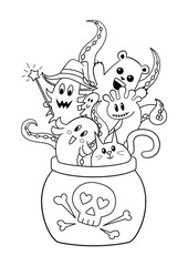 Halloween doodle coloring book page cauldron with cute monsters