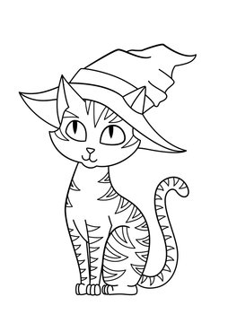 Halloween cat in hat doodle coloring book page