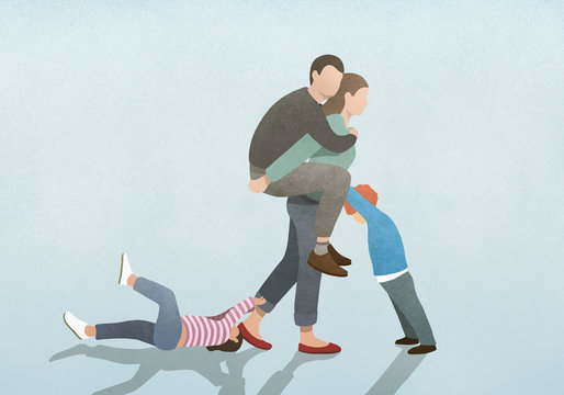 Woman burdened by husband on back and children pulling and pushing