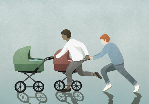 Fathers racing baby strollers