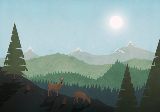Idyllic view of deer grazing and sun over mountain and forest landscape