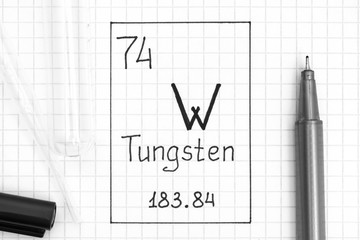 The Periodic table of elements. Handwriting chemical element Tungsten W with black pen, test tube and pipette.