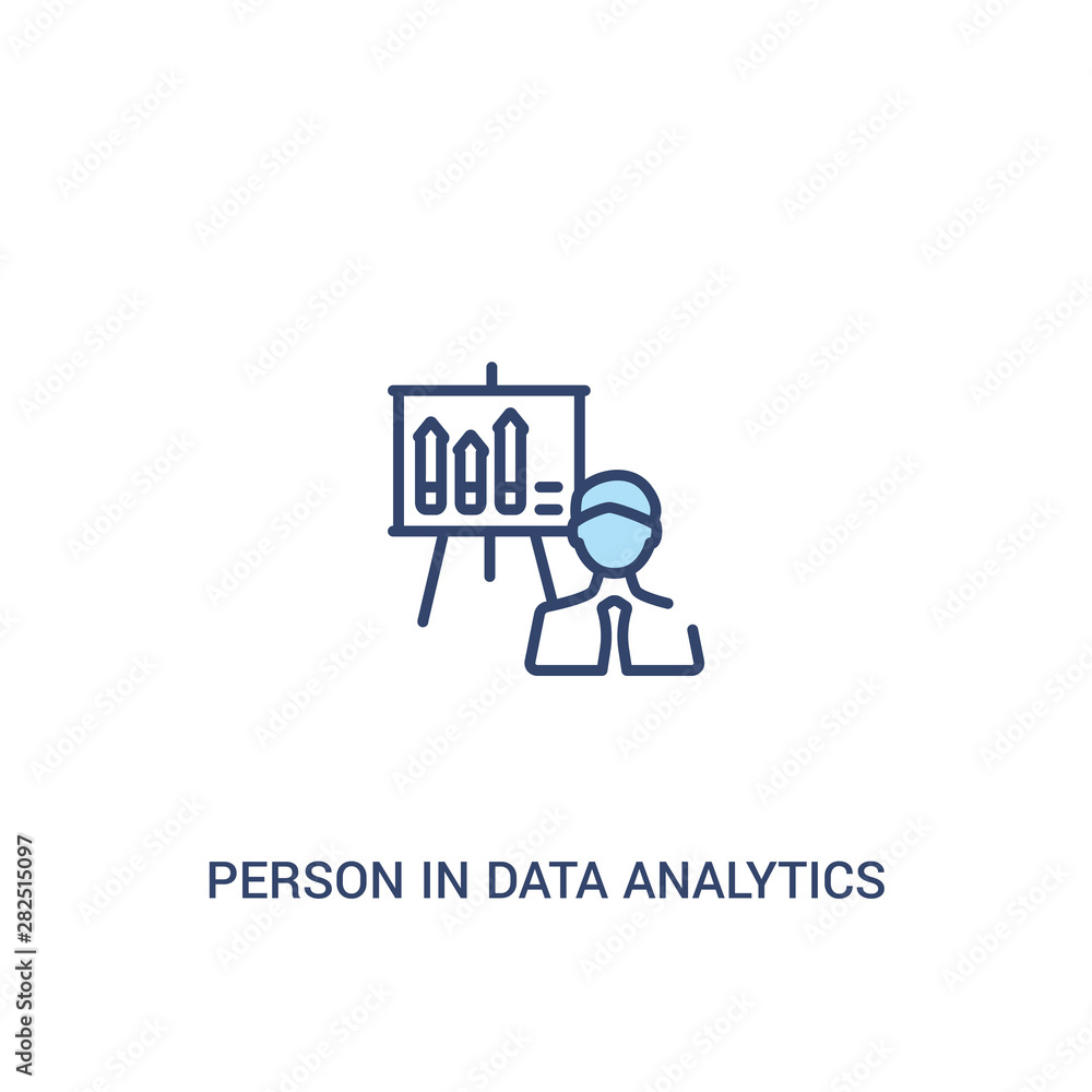 Poster person in data analytics presentation with a graphic on a screen concept 2 colored icon. simple line