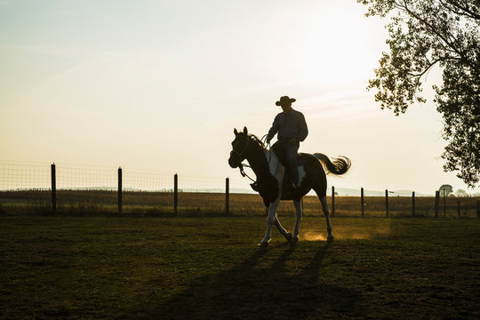 Silhouette cowboy riding horse on rural ranch