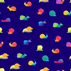 Cartoon Color Characters Funny Snails Seamless Pattern Background. Vector