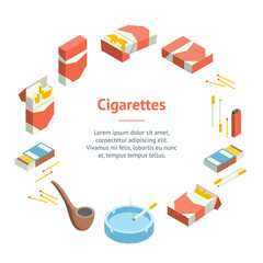 Cigarettes Accessories Smokers Signs 3d Banner Card Circle Isometric View. Vector