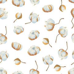 Realistic Detailed 3d Cotton Flowers Natural Material Seamless Pattern Background. Vector