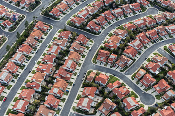 Aerial view of typical suburban cul-de-sac street in the San Fernando Valley region of Los Angeles, California.  