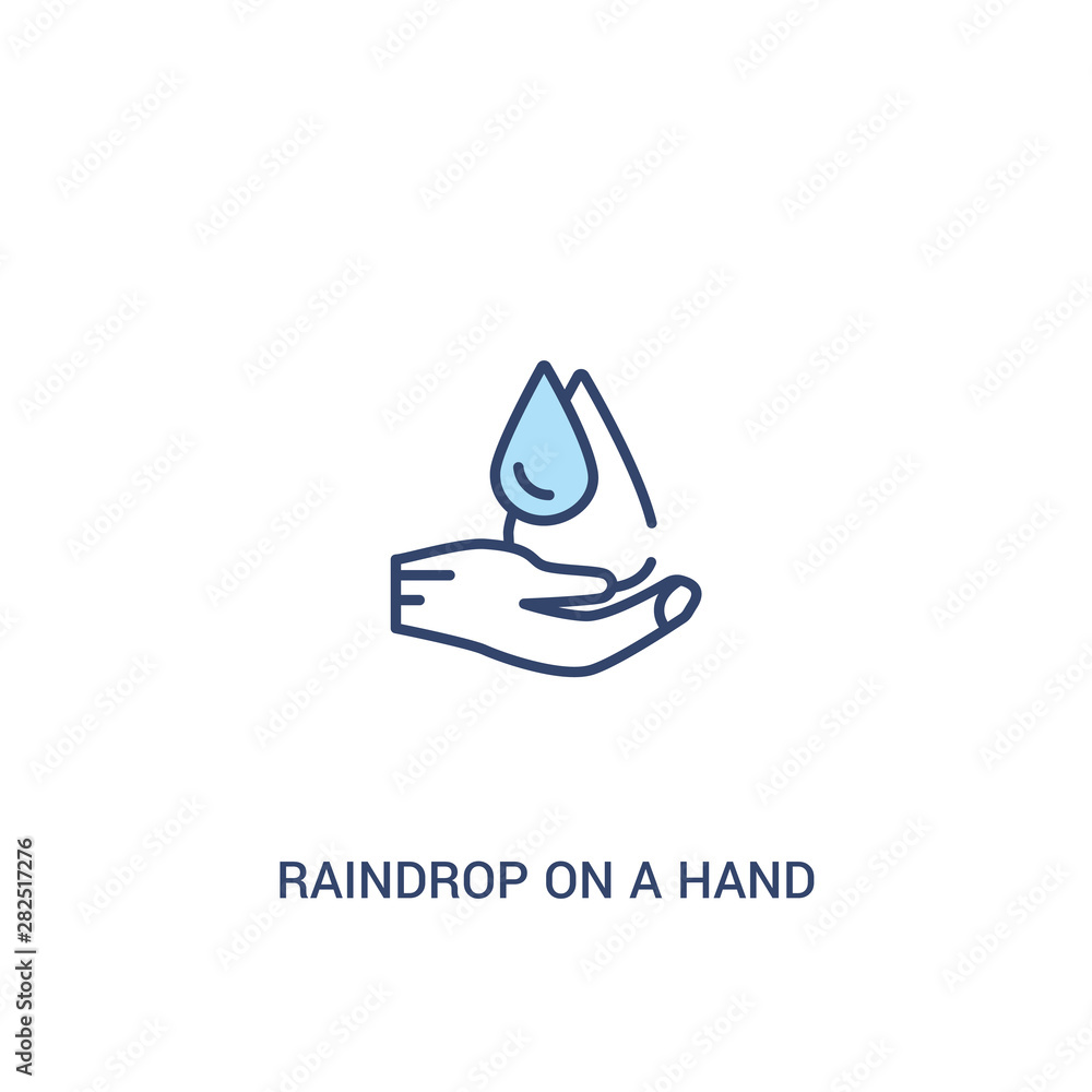 Poster raindrop on a hand concept 2 colored icon. simple line element illustration. outline blue raindrop o